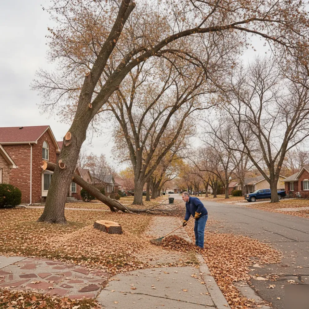 Residential street in late autumn with mature trees, storm damage, and a freshly cleared stump on one property.