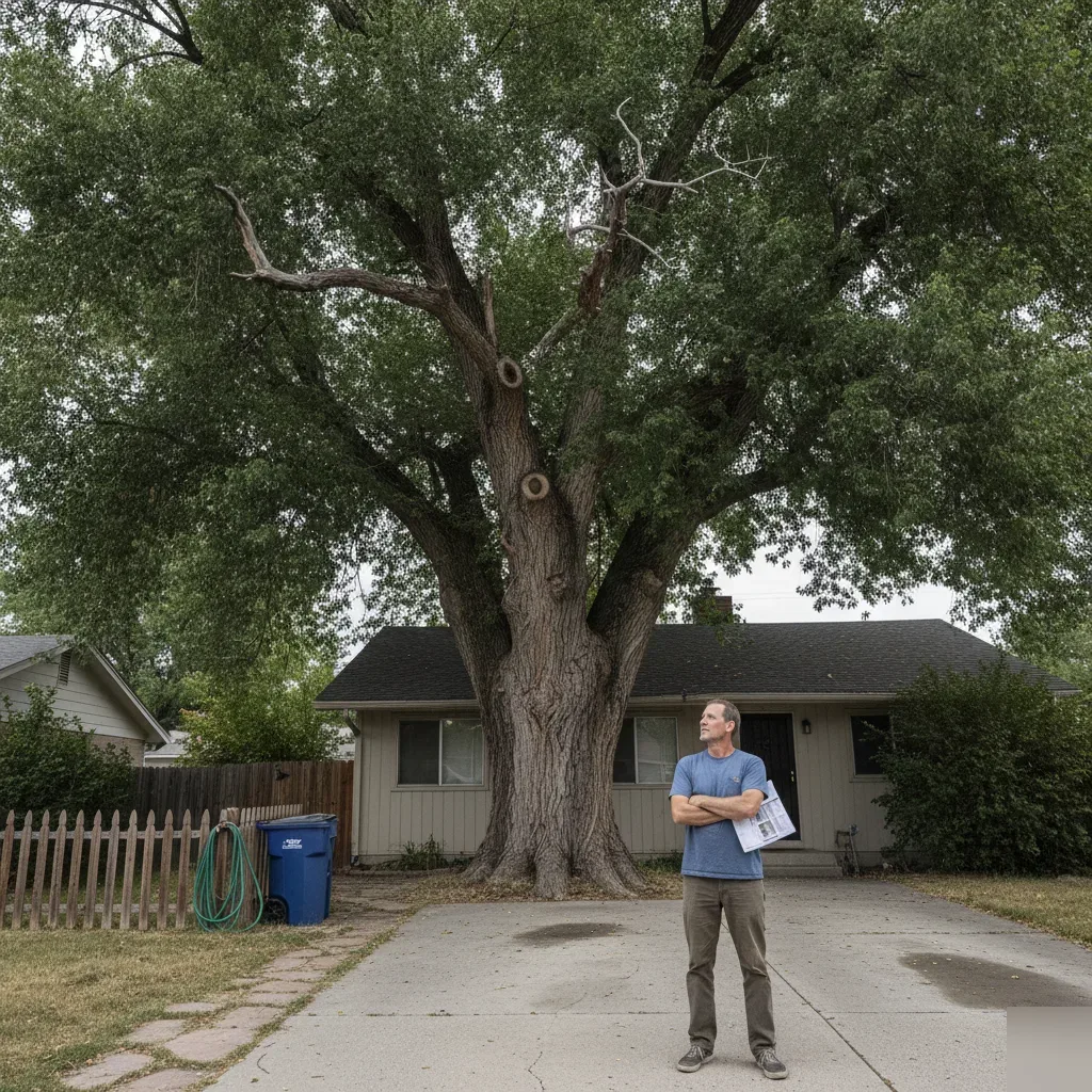 Homeowner standing in driveway looking up at large cottonwood tree overhanging a residential roof.