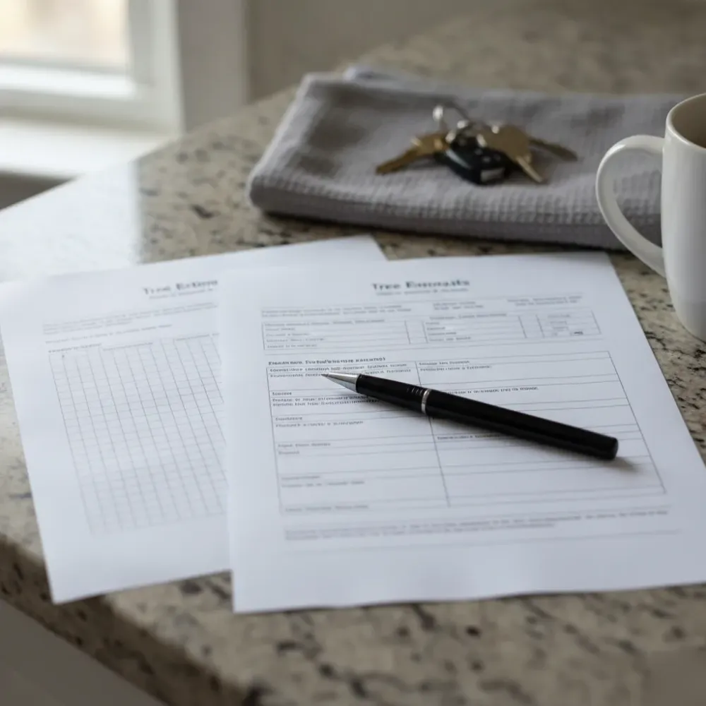 Two tree removal estimate documents laid side by side on a kitchen counter with a pen resting across them.