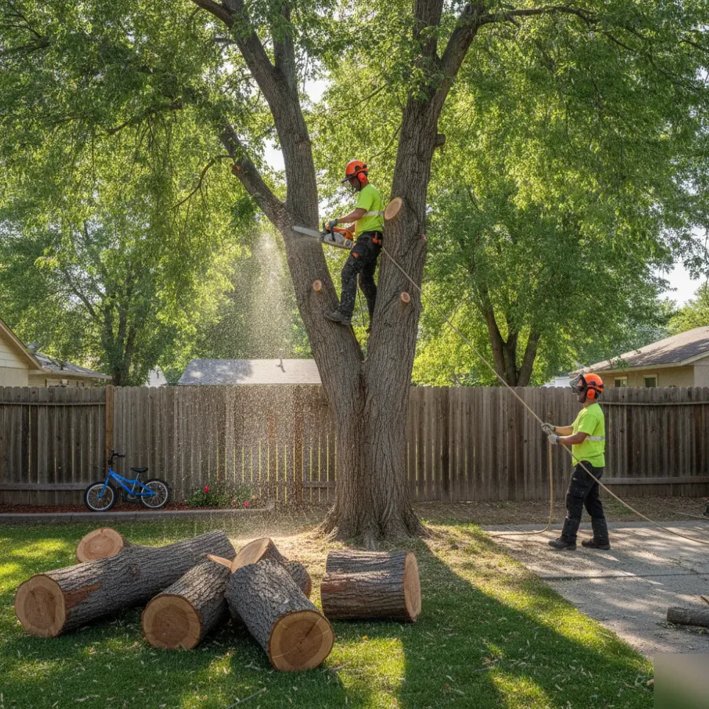 Crew member in a hard hat uses a chainsaw on a large ash tree while a second worker guides a rope below.